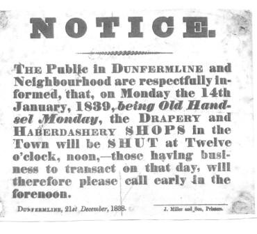 Poster advising of Business half days for Old Handsel Monday, 1838