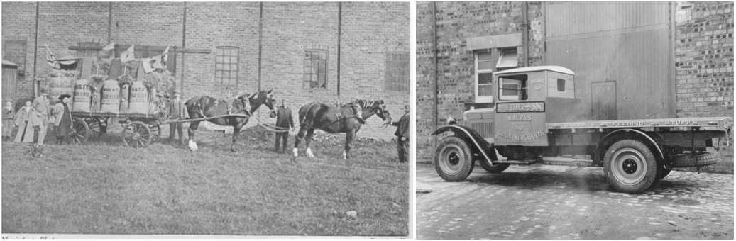 Photos of c. 1910 photo of an Elder’s horse drawn lorry at the City Mill dressed up for an agricultural show with probably members of the Elder family at the rear and c. 1925 Elder’s form of transport has moved on to a motor lorry.