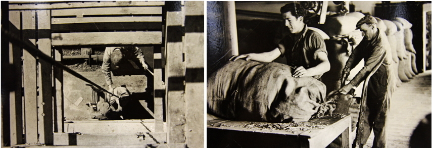 Photo from the roof of the City Mills looking down the outside hoist by which sacks were unloaded from railway wagons. Jock Young and Sandy Henderson are seen unloading and another of Willie Appleford and Hugh Brown stack bags of oats on their arrival at the top of the elevator.