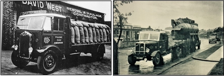 Photos of another of West’s Albions at Rumblingwell loaded with 2 cwt sacks of grain – driver Pat Tierney and also of West’s AEC low loader unit on Halbeath Road, opposite Hill’s Laundry, loaded with a Royal Navy mini submarine which was taken around the country in World War 2 and displayed to raise funds for the war effort.