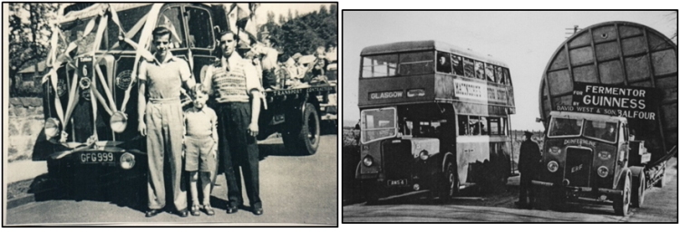 Photos of West’s drivers Jimmy Hynd and Jimmy Dick with a young David West, grandson of the founder, at a 1950s Civic Week Parade in Dunfermline, and also one of West’s low-loader units conveying an unusual load en-route from Balfour of Leven to Liverpool Docks for shipment to Dublin.