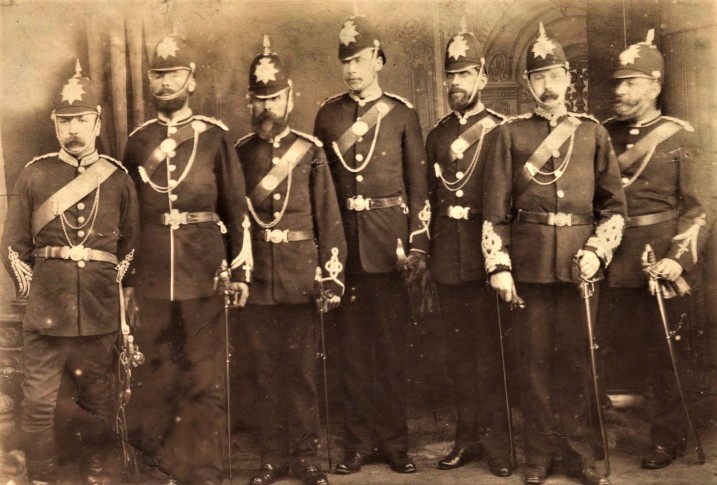 Photo of the officers of Dunfermline Volunteer Rifle Corps at the Queens Review held in Holyrood Park, Edinburgh on 25th August 1881. Captain Robertson is standing extreme right.