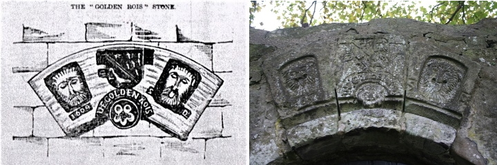 Copy of the 1859 sketch by George of the Golden Rose Stone. (Author's collection) and photo of The Golden Rose Stone inserted in the boundary wall of the former Robertson house. (Bert McEwan's collection)