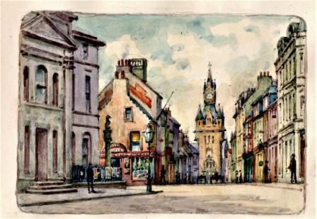 Adam Westwood's sketch of High Street, Dunfermline, dated early1900's, shows the former County Buildings extreme left