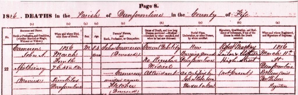Image of Dr Cameron's Death Certificate