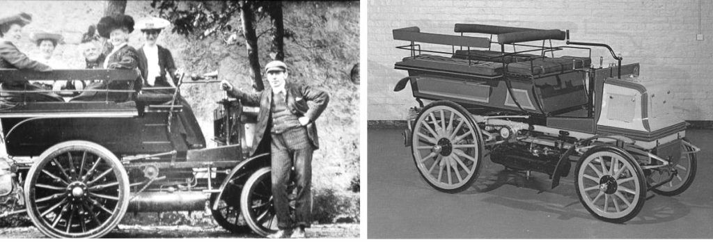 Photos of the Rae Family 1897 Daimler – Reg. No. SP 92 and right, in Glasgow Transport Museum