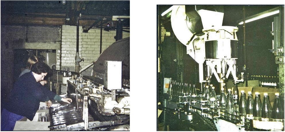 Photos of Ina Traynor loading the bottle washing machine and of the bottle capping machine at Pilmuir Street