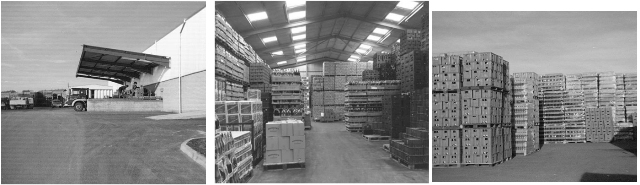 Three photos from 1974 - The loading bay, the warehouse and the "new bottle" stock at Pitreavie,