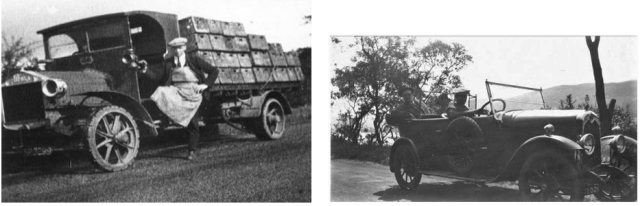Two photos. C.1920 – Charles Woodrow with the firm’s new Albion motor lorry.
Right C. 1930 – Charles Woodrow at the wheel of his Crossley motor car with, probably, his father and mother