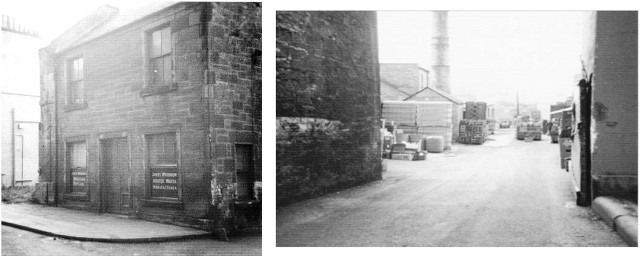 Two photos. C. 1950 – Woodrow’s Office Building at Rolland Street. C. 1960 – The narrow entrance to the works at Rolland Street