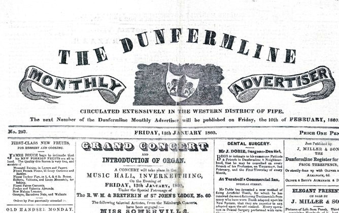 Copy of the top of the front page of "The Dunfermline Monthly Advertiser", January 1860.
