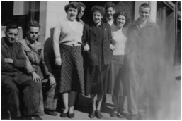 Photo of Goodall’s staff 1947 - left to right:- Jimmy Brown (tyre man), ‘Ginger’ Buchanan, Anne Walker, Jimmy Jackson, Lorna Ramsey, John McEwan, Betty Stirling (Lumsden), & George McDonald