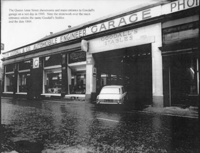 Photo of the Queen Anne Street entrance to the garage in 1969
