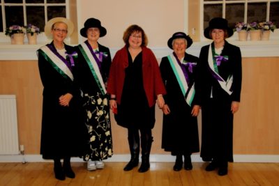 Photo of Pamela Macleod, Lindsey Fowell, Prof. Pedersen, Jean Barclay and Elaine Campbell dressed in Suffragette colours