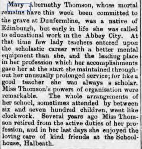 Image of a cutting of Mary Thomson's obituary from the Aberdeen Journal