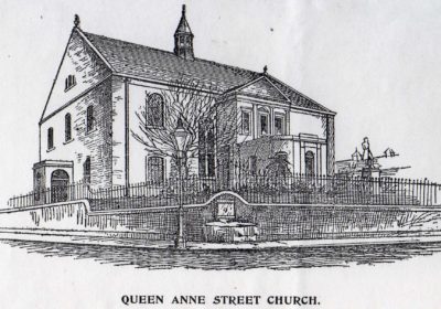 Engraving showing the Lassodie Fountain at the corner of the Queen Anne St Church