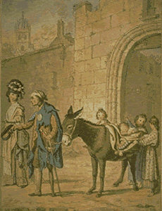 A Peg-Legged Beggar with Donkey and Children Asking Lady for Alms outside City Gate (« Charity ») by David Allan (1744-1796) (National Galleries of Scotland)